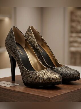 Nine West - Gold/Black Paisley Jacquard High Heel Pumps Stilettos